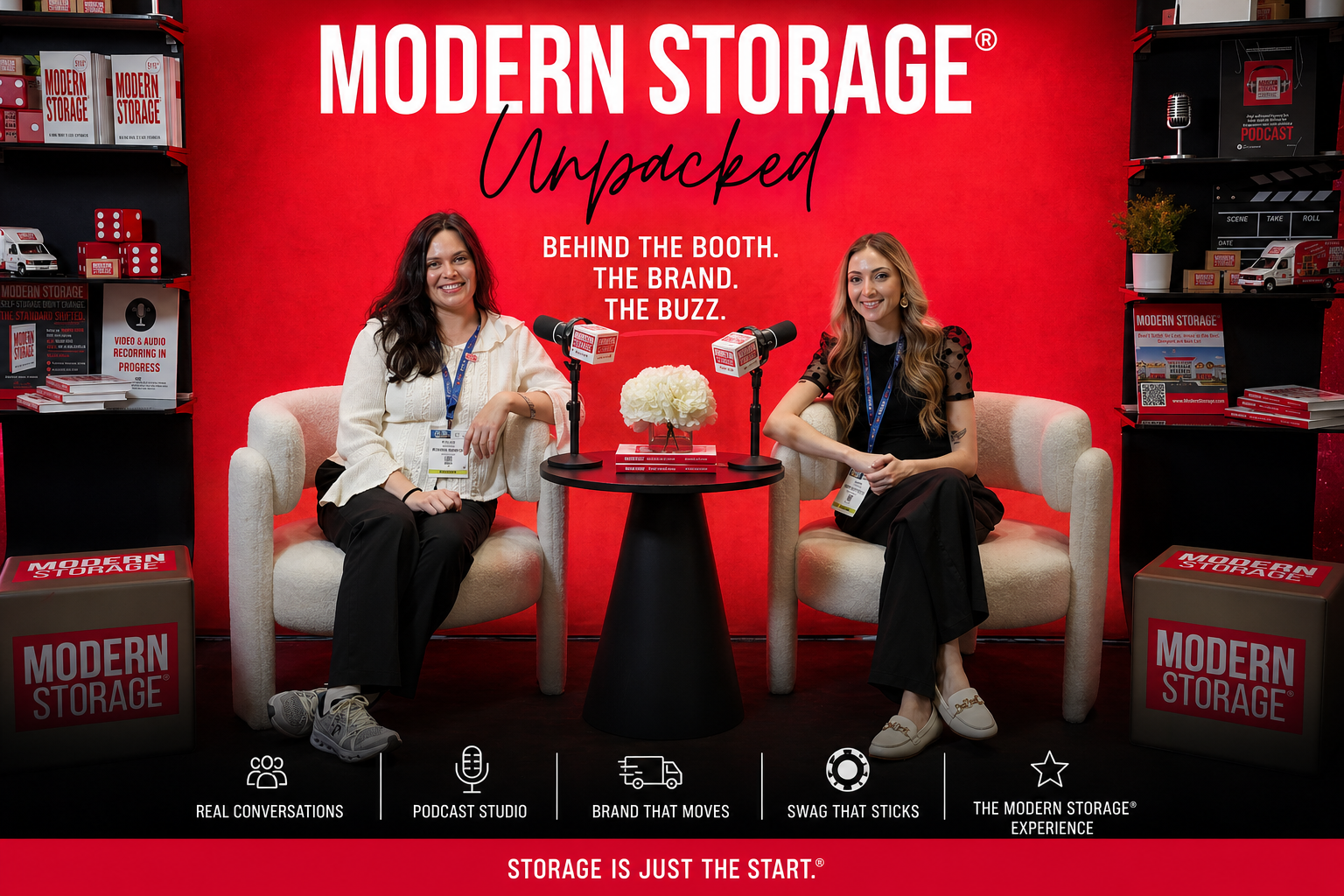 Modern Storage® Unpacked podcast booth at ISS World Expo Las Vegas featuring branded studio setup and live interviews